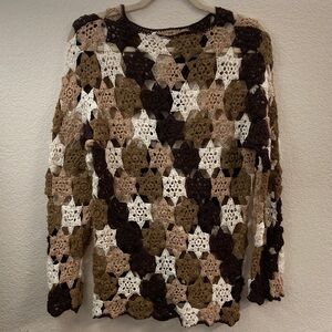 Crochet Patchwork Sweater stars brown cream boho Y2K 1960’s lagenlook
